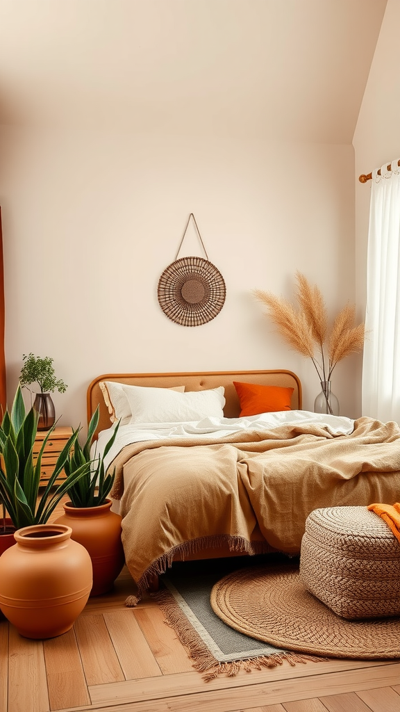 A cozy beige bedroom featuring earthy tones, plants, and natural textures.