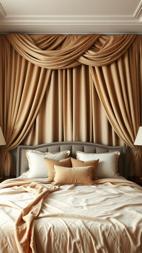 Stylish beige bedroom with luxurious fabrics including draped curtains and plush bedding.