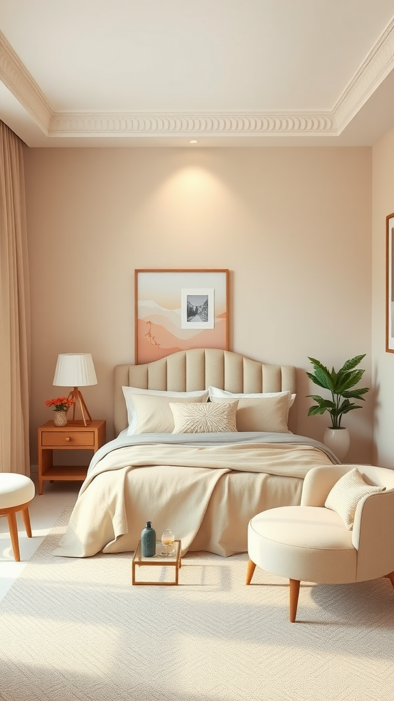 A serene beige bedroom featuring pastel accents, a cozy bed, and a potted plant.