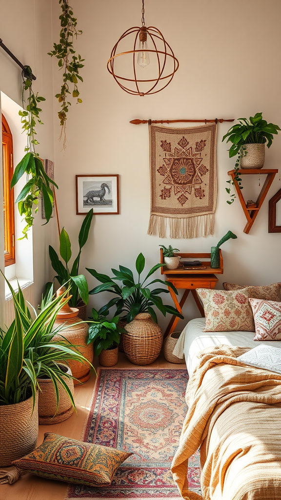 A cozy bohemian bedroom with beige tones, plants, woven decor, and textured bedding.