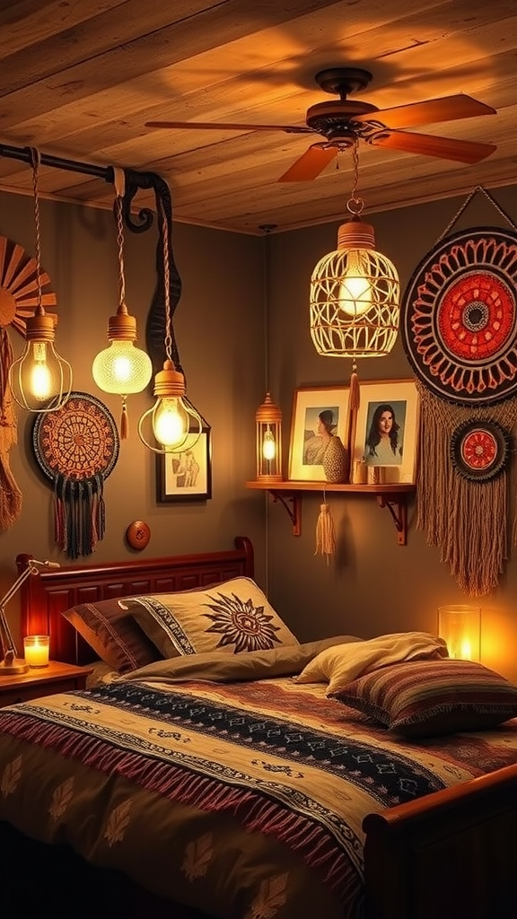 Cozy western boho bedroom with warm lighting and decorative wall hangings.