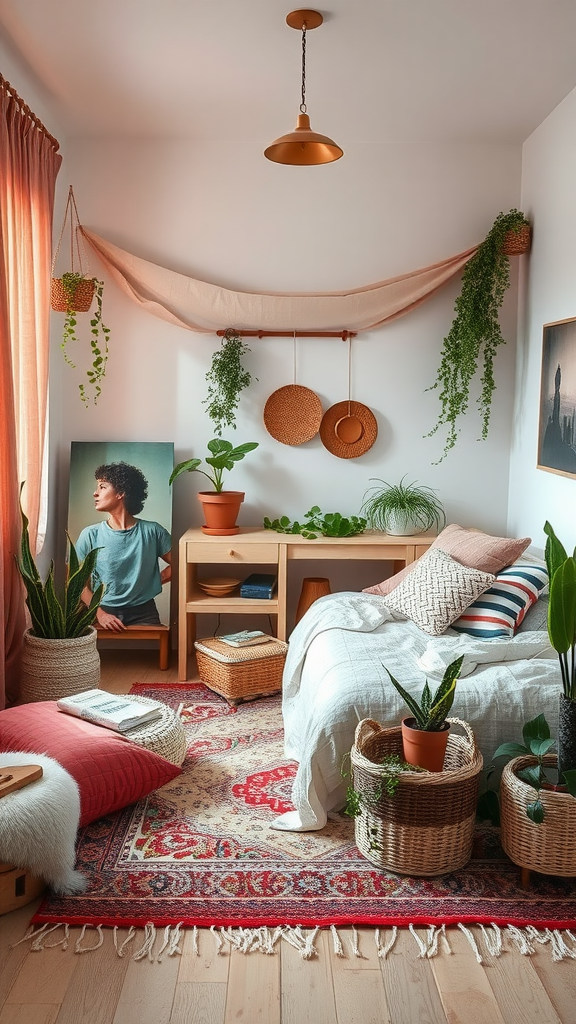A bohemian-style bedroom featuring dusty pink textiles, layered rugs, plants, and cozy decor.