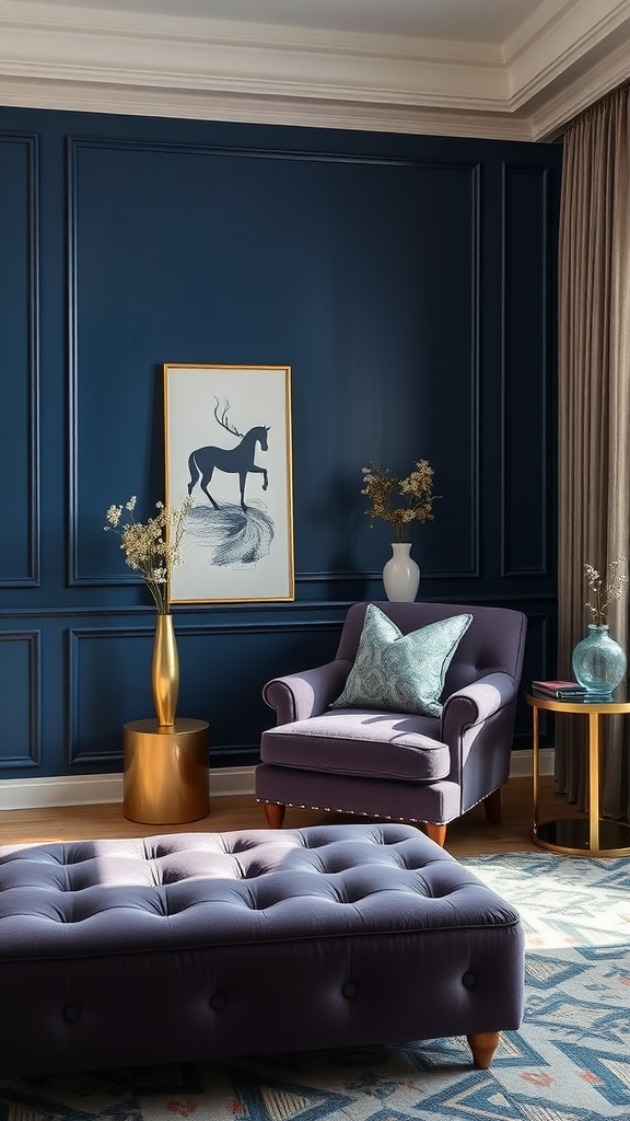 Cozy corner of a moody bedroom featuring a deep blue wall, purple armchair, tufted ottoman, and gold accents.