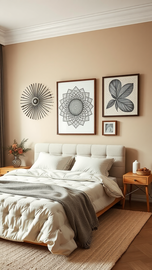 A cozy beige bedroom featuring a light bedding set, a beige accent wall, and decorative artwork.