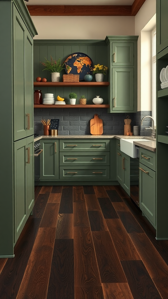 A kitchen featuring dark wood flooring, green cabinets, and a cozy atmosphere.