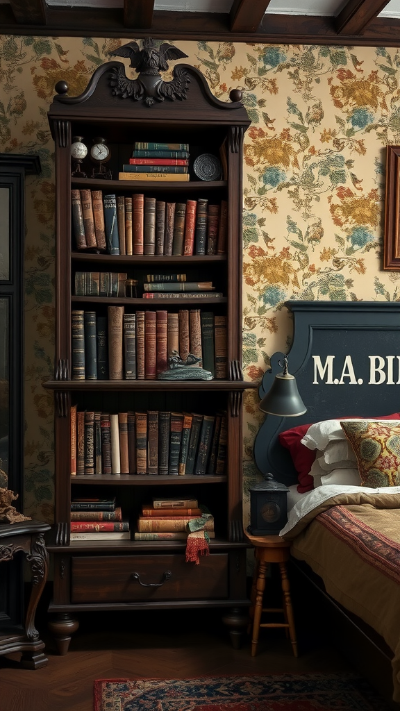 A dark cottagecore bedroom library featuring an antique bookshelf filled with old books, decorated with vintage items and a cozy atmosphere.