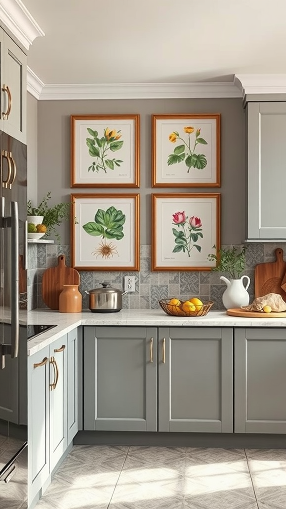 A kitchen with framed botanical prints on the wall, featuring soft gray cabinets and natural elements.