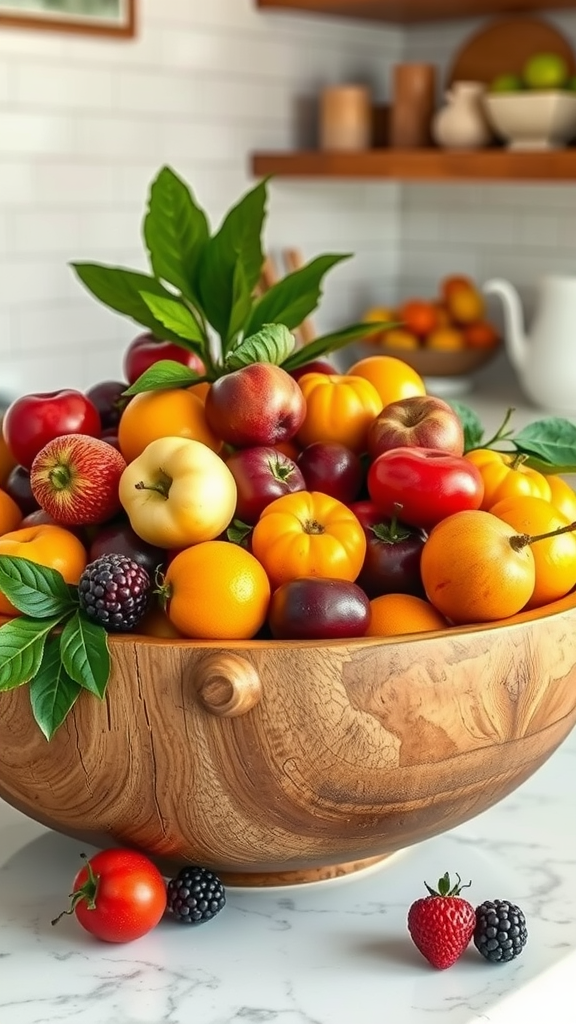 A wooden bowl overflowing with colorful fruits, including apples, peaches, and berries, set in a cozy kitchen.