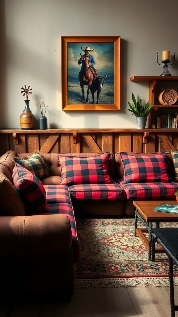 A cozy living room featuring buffalo plaid cushions on a sofa, a rustic wooden shelf, and cowboy artwork.