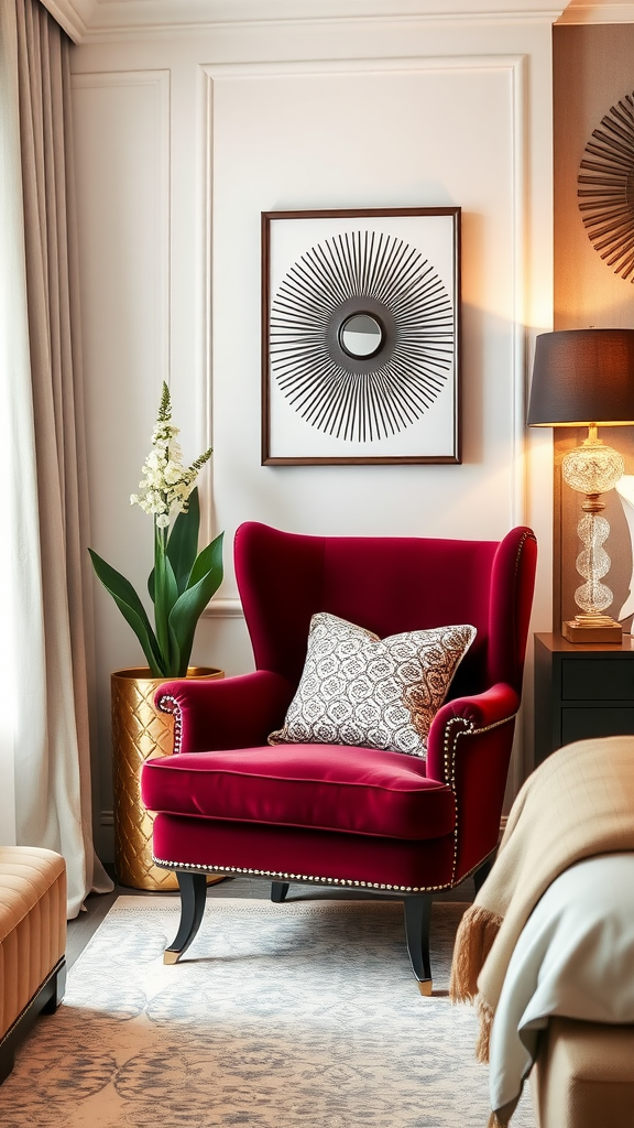 A burgundy velvet accent chair with a patterned pillow, placed beside a stylish lamp and a gold plant pot in a warm bedroom setting.