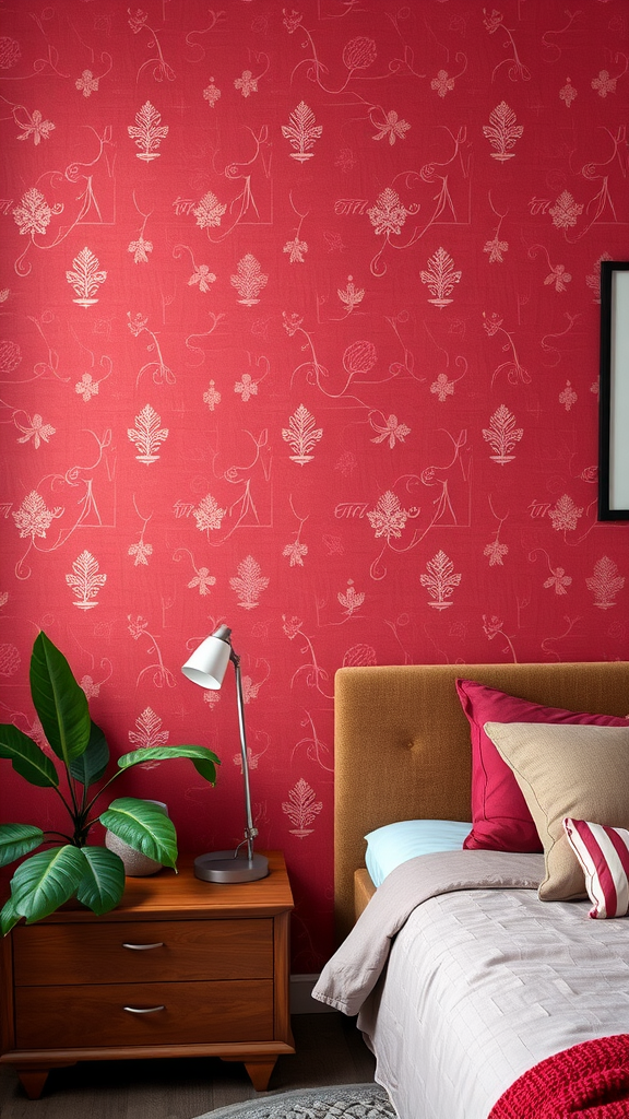 Burgundy accent wall with floral patterns in a cozy bedroom setting
