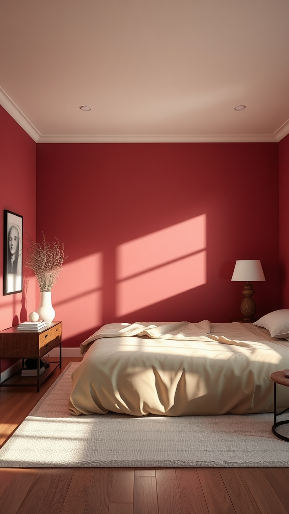 A cozy bedroom with burgundy walls and beige bedding, creating a warm and inviting atmosphere.