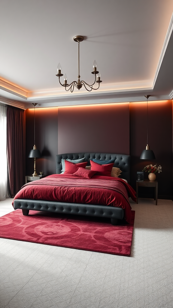 A stylish bedroom featuring a burgundy and black color scheme, with a luxurious bed and elegant decor.