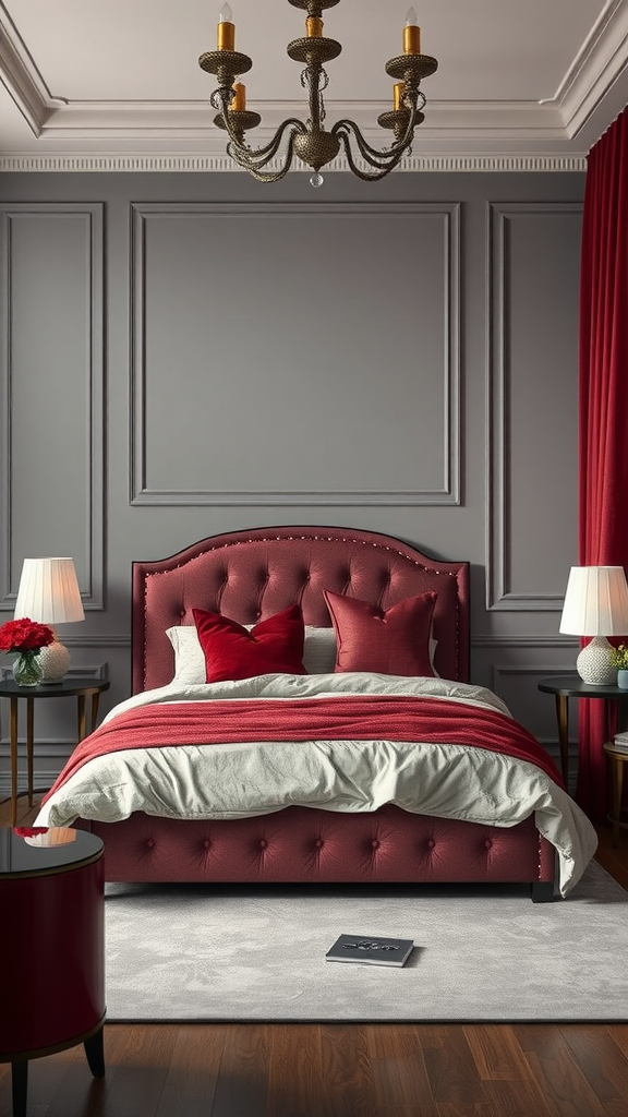 A stylish bedroom featuring burgundy bedding and gray walls, showcasing a modern and cozy design.