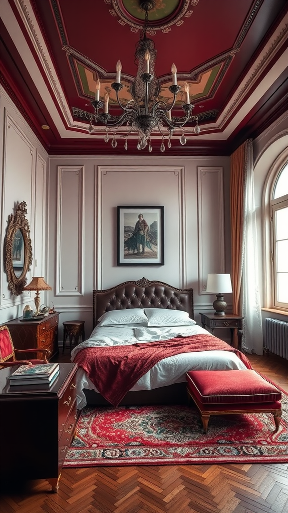 A stylish burgundy bedroom featuring rich colors and elegant decor.