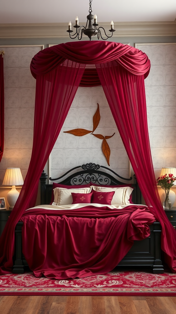 Elegant burgundy bed canopy with matching bedding in a stylish bedroom