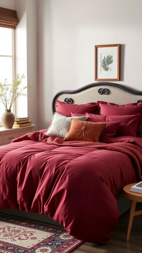 Cozy burgundy bedding set on a stylish bed with decorative pillows and a plant