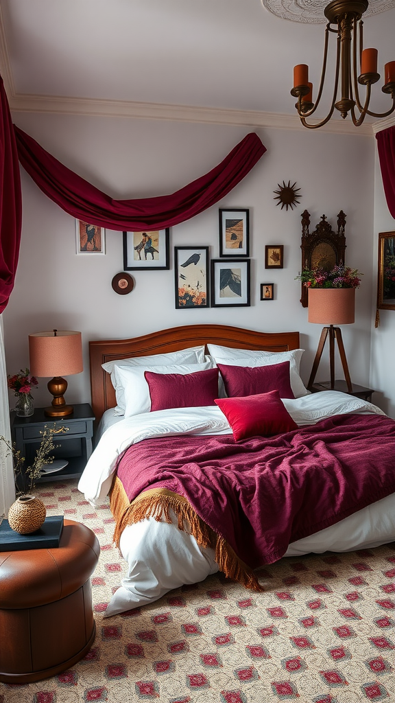 A cozy bedroom featuring burgundy accessories including a throw blanket and pillows, against a warm color palette.