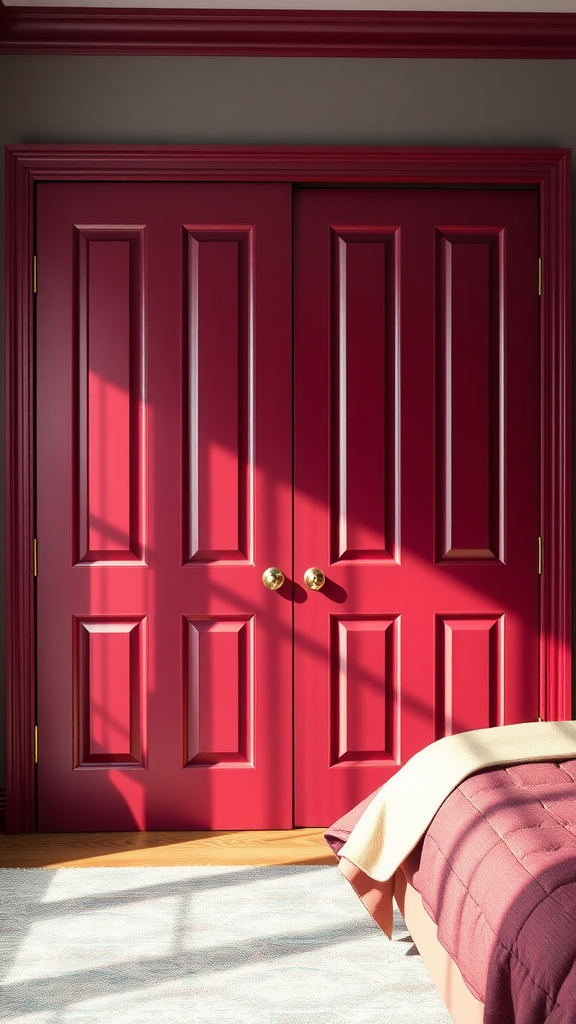 Burgundy closet doors with golden knobs in a bedroom.