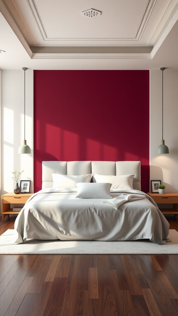 A beautifully designed bedroom featuring a burgundy accent wall, neutral bedding, and wooden furniture.