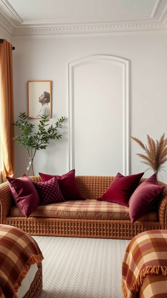 Stylish seating area with burgundy cushions on a woven sofa, surrounded by warm decor elements.