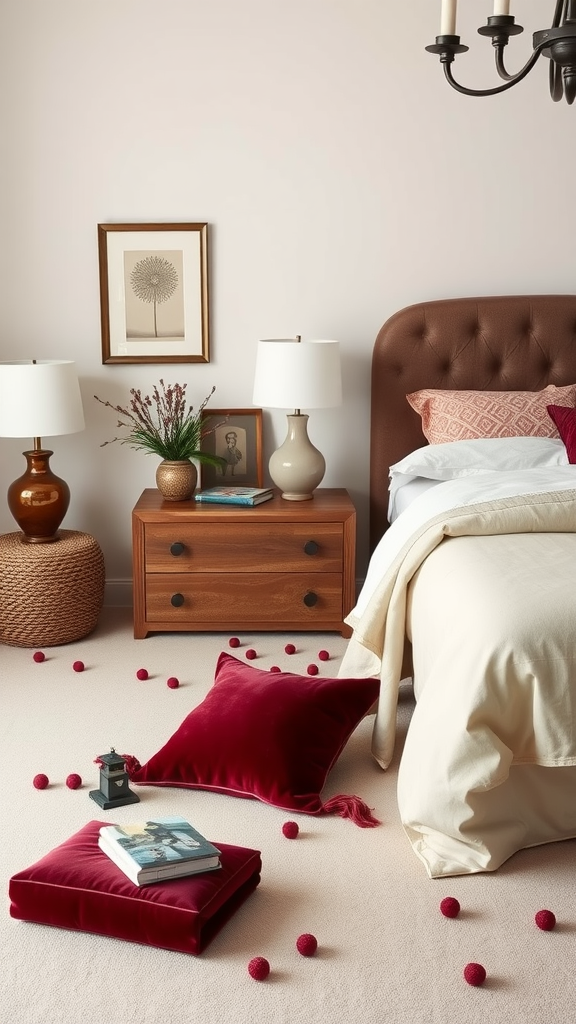 A beautifully decorated bedroom featuring burgundy pillows, lamps, and artwork.