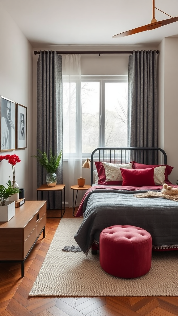 A cozy bedroom featuring burgundy furniture accents, including cushions and an ottoman, paired with gray bedding and wooden furniture.