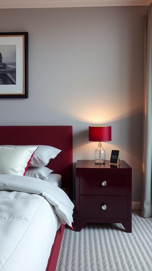 A burgundy nightstand with a modern lamp beside a burgundy bed in a stylish bedroom.