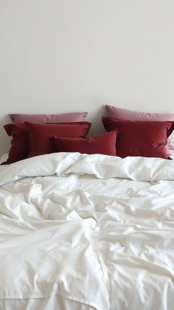 A bed with layered burgundy pillows and white bedding