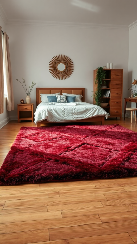 A cozy bedroom featuring a plush burgundy rug, wooden furniture, and warm lighting.