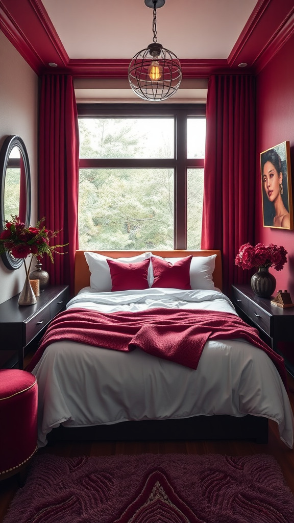 A small burgundy-themed bedroom featuring curtains, bedding, and decor in rich red tones.