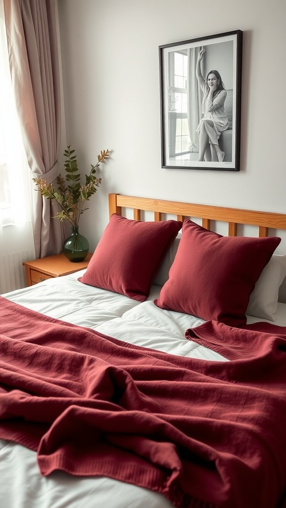 A cozy bedroom featuring burgundy throw pillows and blankets on a bed, with a decorative vase and a framed picture on the wall.