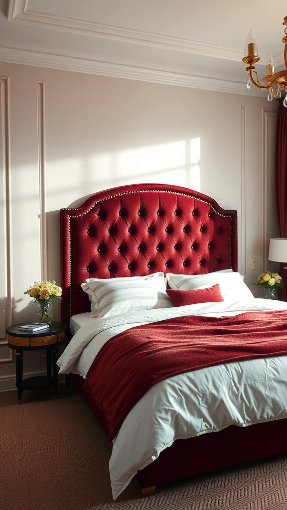 Luxurious burgundy upholstered headboard in a stylish bedroom