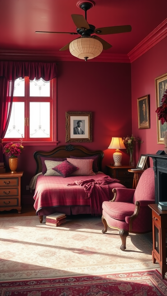 A cozy burgundy bedroom featuring vintage decor with warm lighting and classic furniture.