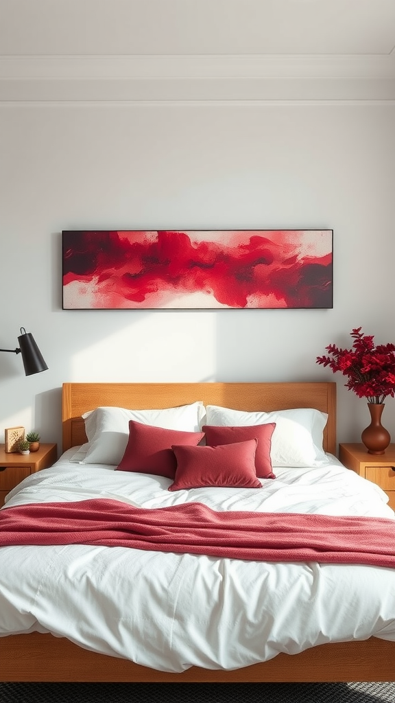Cozy bedroom interior with burgundy wall art above the bed