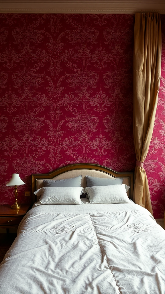A cozy bedroom featuring burgundy wallpaper with a floral pattern, white bedding, and a bedside lamp.