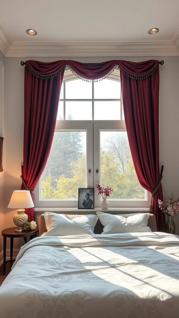 A beautifully decorated bedroom featuring burgundy window treatments with soft drapes and a light-colored bedspread.