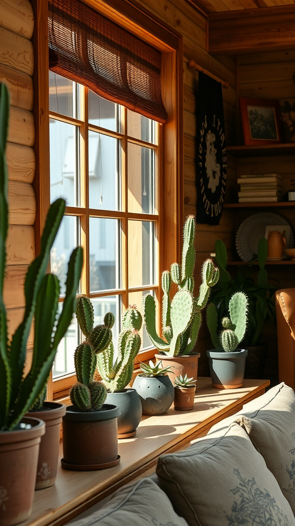 A cozy cowboy living room featuring various cactus plants on a windowsill