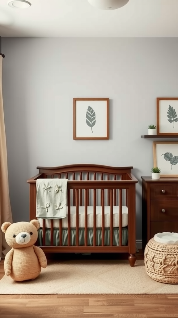 A cozy dark wood nursery featuring a crib, teddy bear, and framed leaf prints.