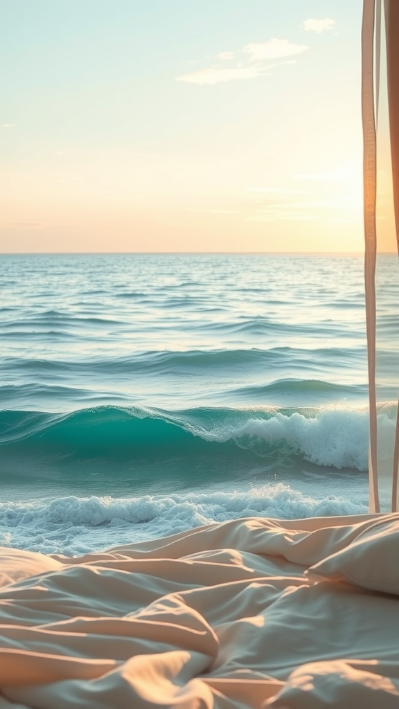 A serene view of ocean waves from a cozy bed with soft linens, capturing a calming atmosphere.