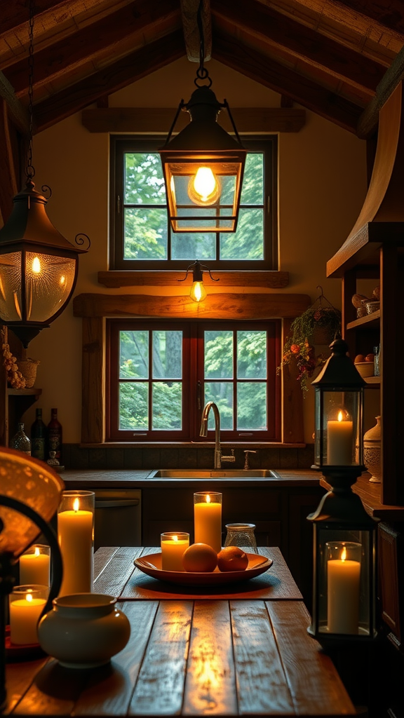 A cozy kitchen with candles and lanterns creating a warm atmosphere.