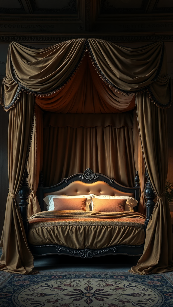 A luxurious canopy bed with rich brown drapery, creating a cozy atmosphere in the bedroom.