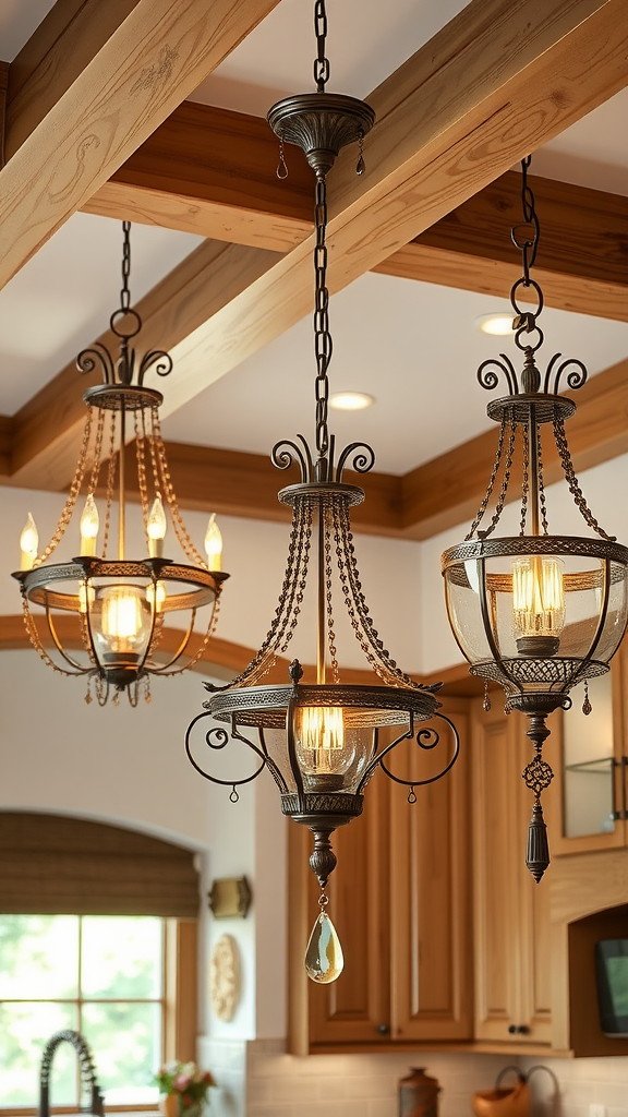 Three elegant castle-inspired lighting fixtures hanging from a wooden ceiling.