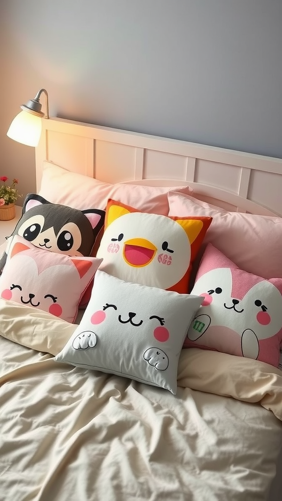 A collection of cute character pillows on a bed, featuring a raccoon, a bird, and various kawaii animal faces.