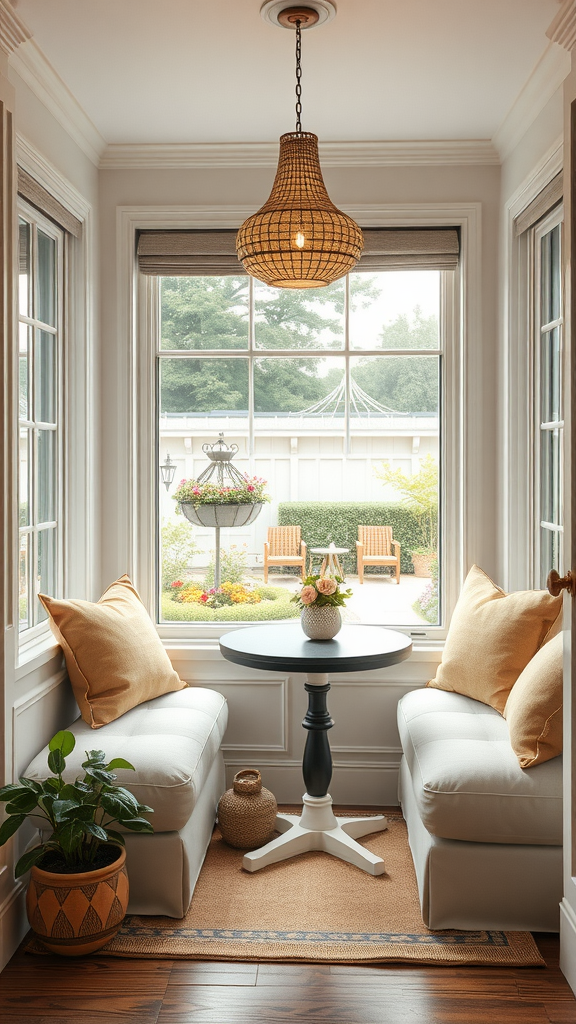 Cozy breakfast nook with seating, a small table, and windows showing a garden view.