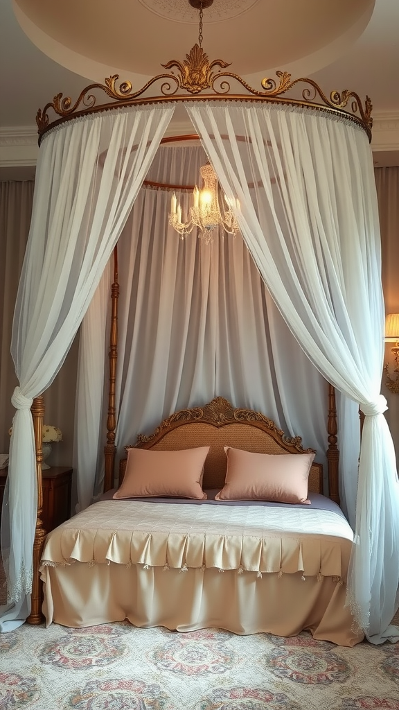A charming canopy bed with white drapes, a chandelier, and soft pillows
