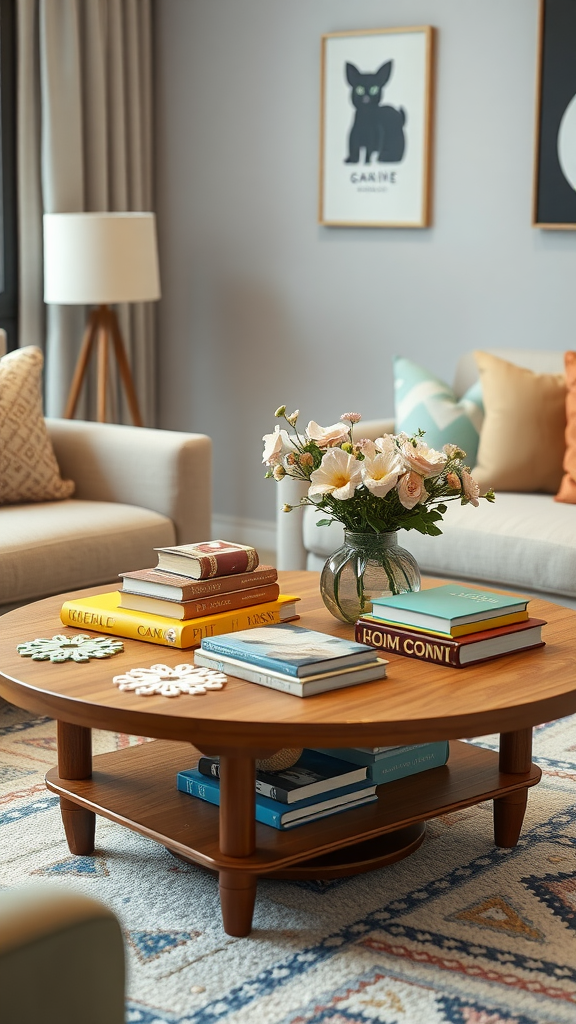 A charming coffee table with stacked books and a vase of flowers in a cozy living room setting.