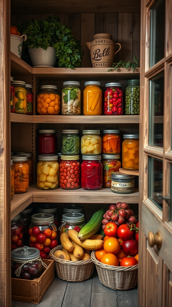A charming cottage pantry filled with colorful jars of preserved fruits and vegetables, fresh herbs, and baskets of fruits.