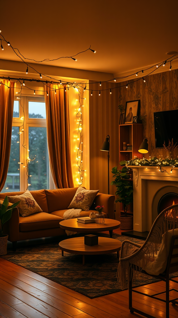 Cozy living room decorated with warm fairy lights, showcasing a couch, coffee table, and a stylish chair.