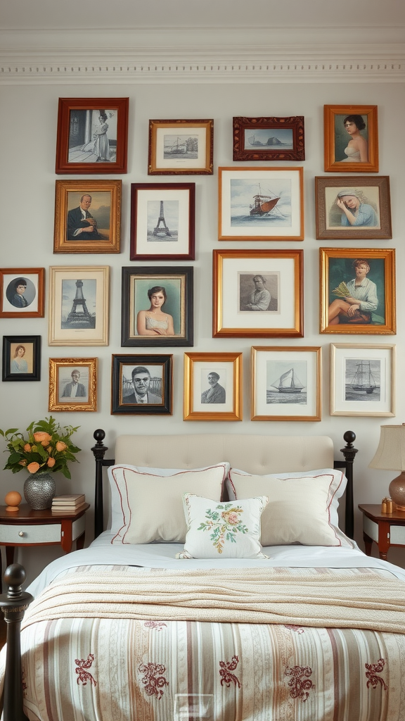 A cozy bedroom with a gallery wall of framed art and photographs above a neatly made bed.